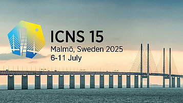 Graphic promoting ICNS 15, an event scheduled for July 6-11, 2025, in Malmö, Sweden. The background features a prominent bridge over water-
