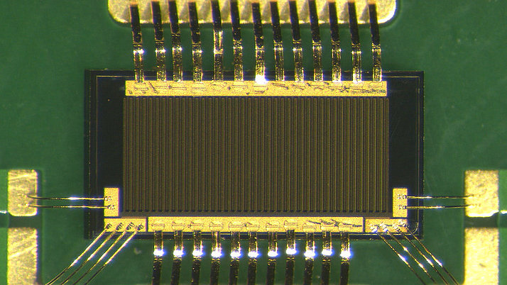 Close-up of an electronic component featuring a rectangular chip with multiple fine gold pins attached on the sides. The background consists of a green circuit board.